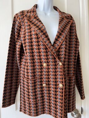 Joie Double-Breasted Knit Sweater Blazer Houndstooth Women's M Brown Preppy Work